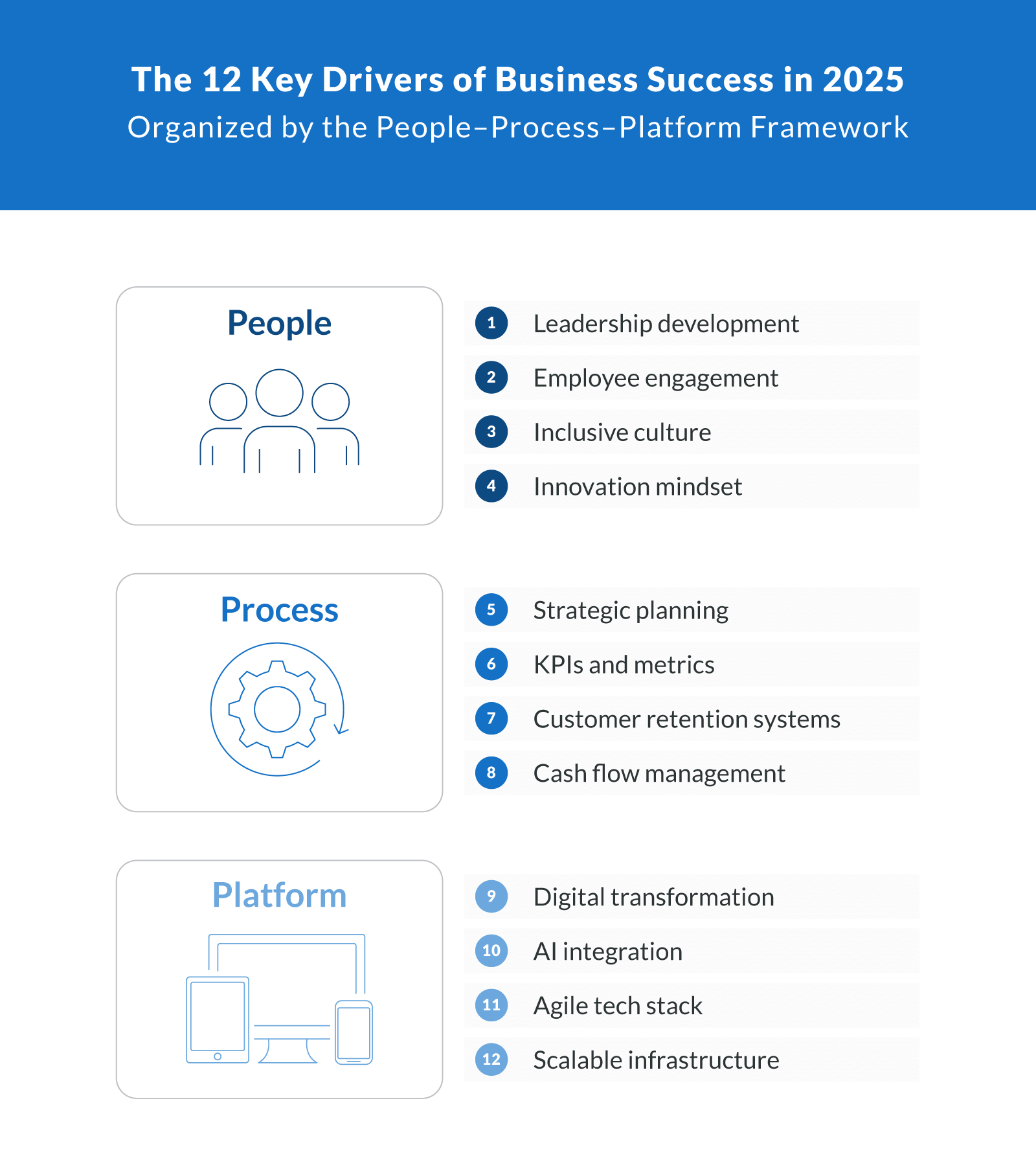 The 12 Key Drivers in 2025 (People–Process–Platform Framework)